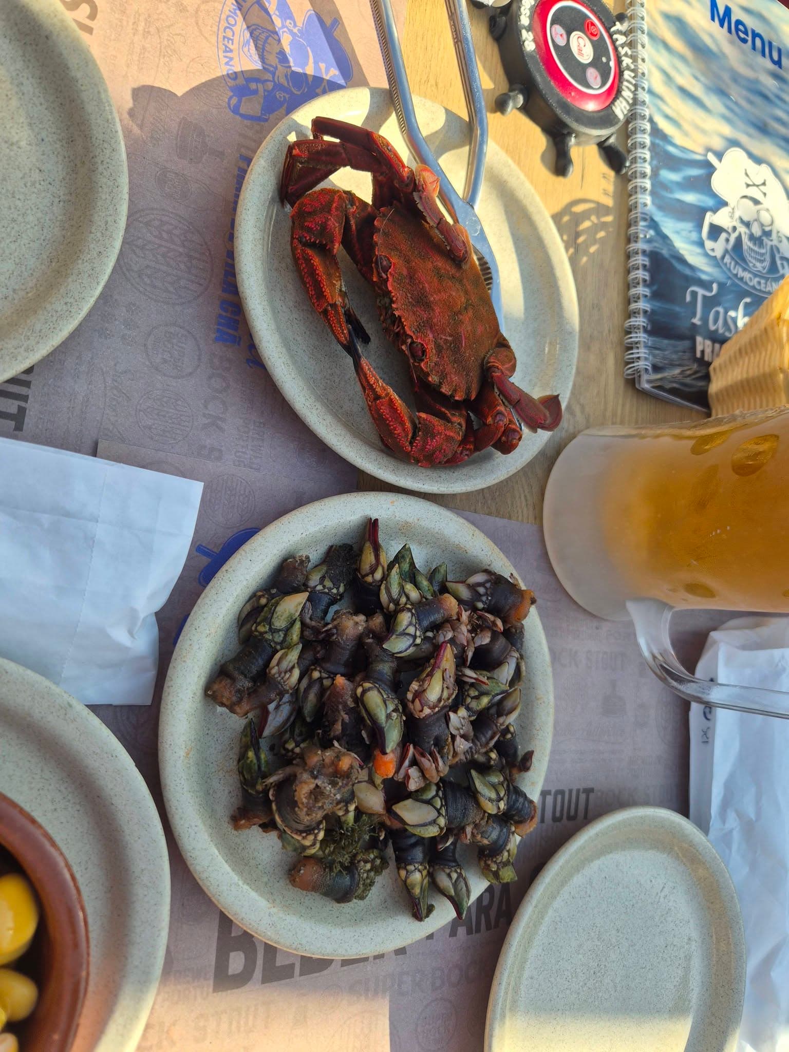 Um prato de percebes cozidos e uma navalheira, à mesa da esplanada, com uma caneca de cerveja e a ementa da casa ao lado.